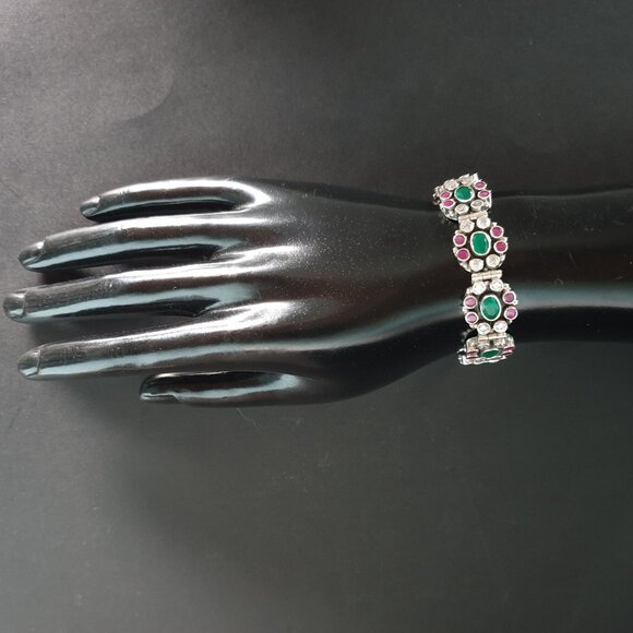 Vintage Mughal Revival 925 Silver Genuine Ruby & Green Crystal Floral Bracelet - Picture 12 of 13
